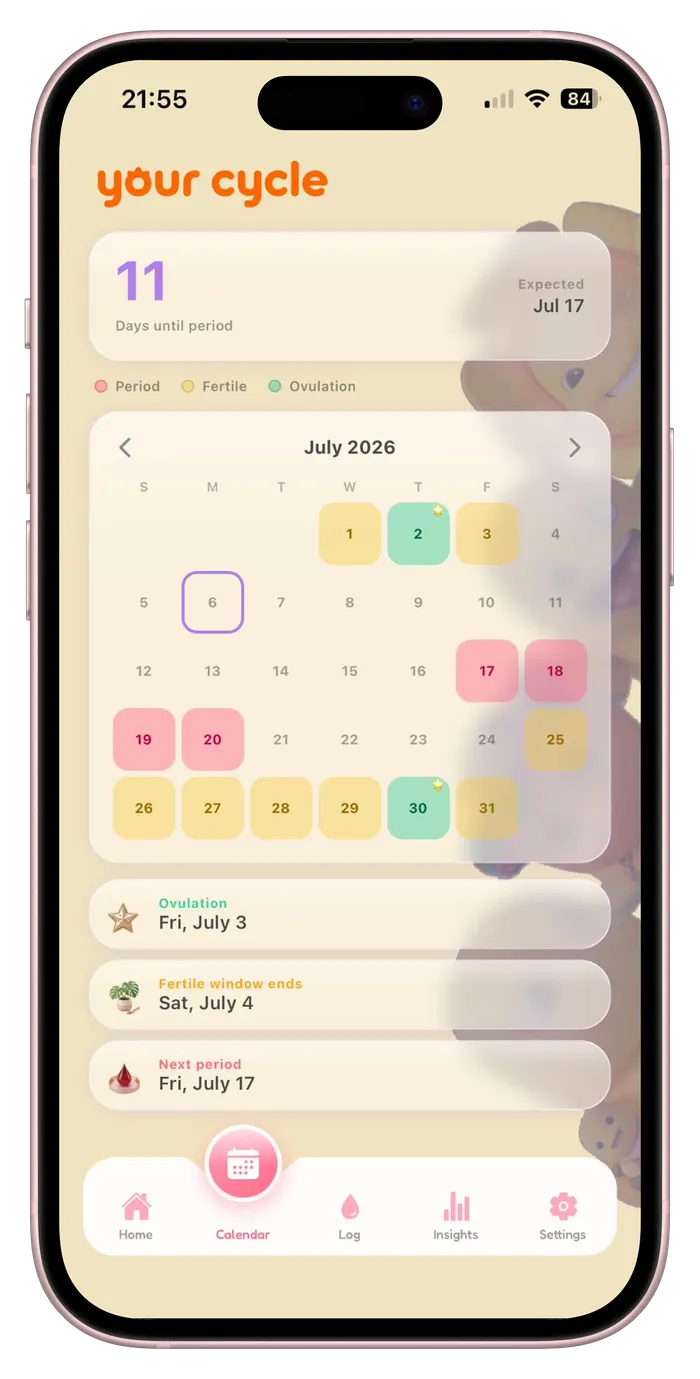 Nailong app calendar screen with period, fertile, and ovulation days