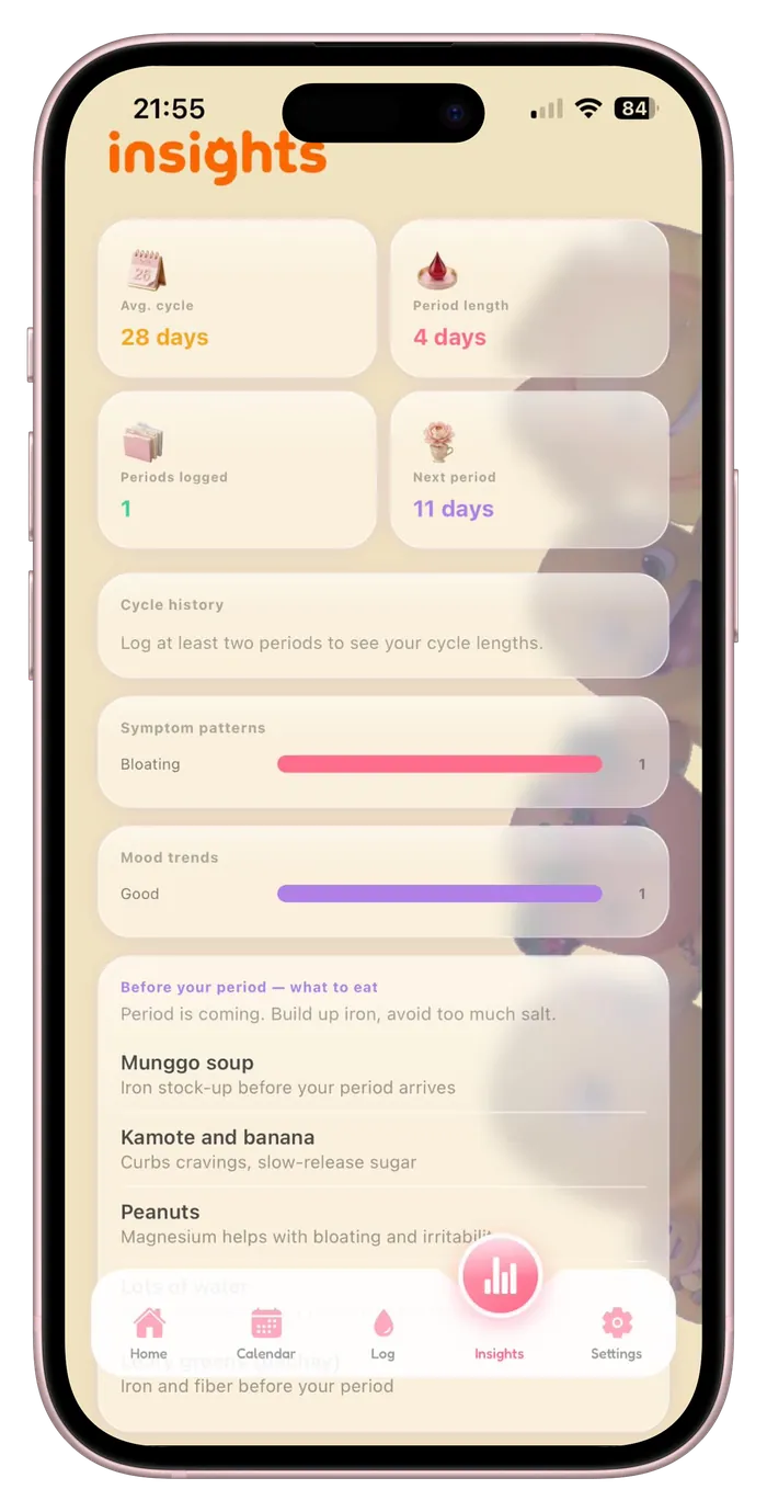 Nailong app insights screen with cycle stats and symptom patterns