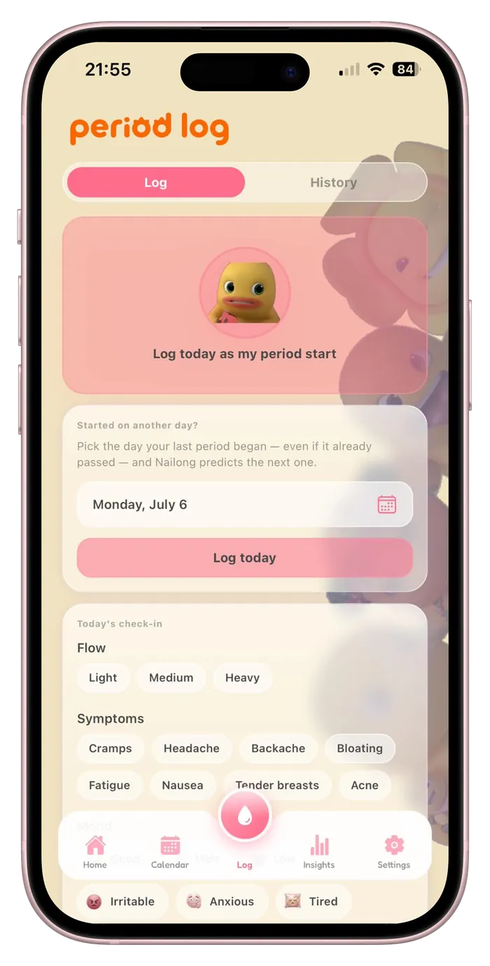 Nailong app period logging screen with flow and symptom tracking