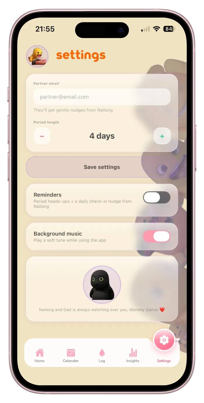 Nailong app settings screen with reminders and partner sharing