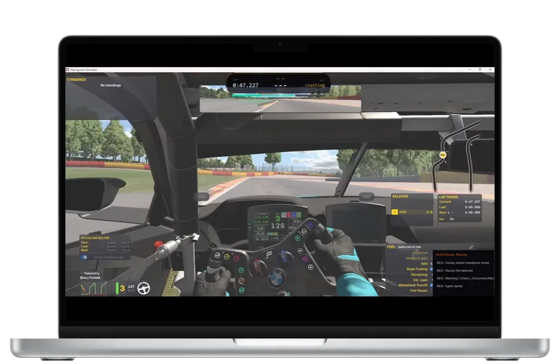 In-sim HUD overlay showing delta-to-PB, relative timing, fuel, and standings during an iRacing session